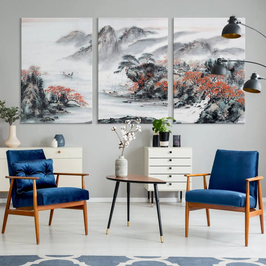 The "Chinese Mountains Trees Canvas Wall Art Print" adds a graceful touch to the space. Crafted on museum-quality canvas and gallery wrapped, it exudes timeless allure while offering lasting beauty with its UV-protective coating.