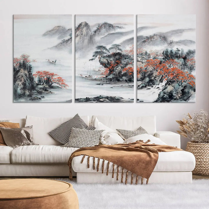 The "Chinese Mountains Trees Canvas Wall Art Print" adds a graceful touch to the space. Crafted on museum-quality canvas and gallery wrapped, it exudes timeless allure while offering lasting beauty with its UV-protective coating.