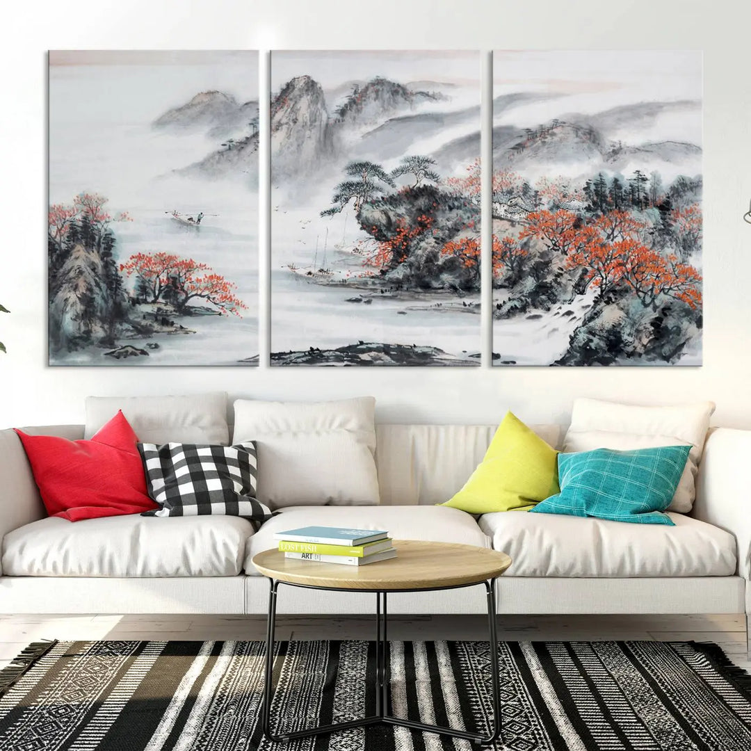 The "Chinese Mountains Trees Canvas Wall Art Print" adds a graceful touch to the space. Crafted on museum-quality canvas and gallery wrapped, it exudes timeless allure while offering lasting beauty with its UV-protective coating.