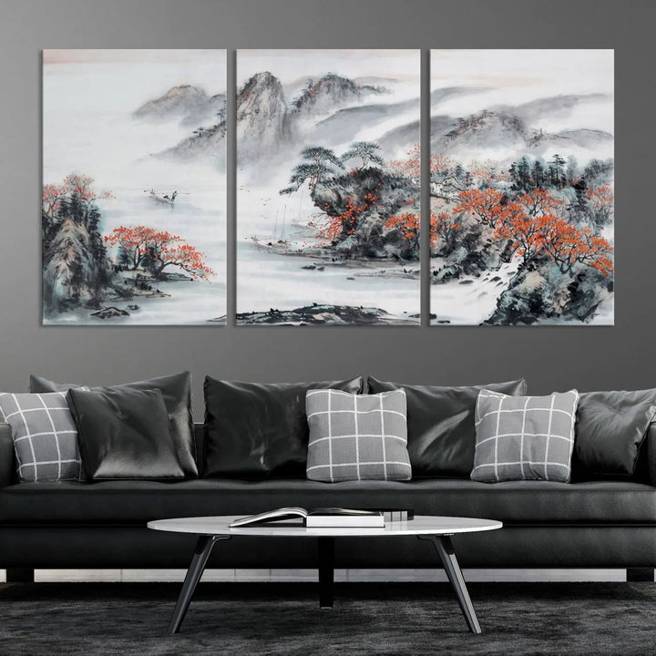 The "Chinese Mountains Trees Canvas Wall Art Print" adds a graceful touch to the space. Crafted on museum-quality canvas and gallery wrapped, it exudes timeless allure while offering lasting beauty with its UV-protective coating.