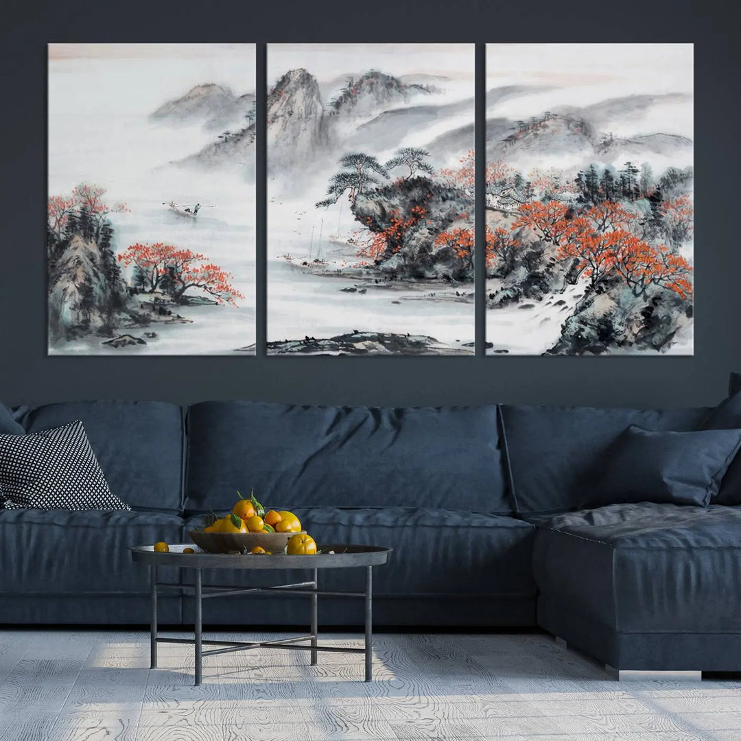 The "Chinese Mountains Trees Canvas Wall Art Print" adds a graceful touch to the space. Crafted on museum-quality canvas and gallery wrapped, it exudes timeless allure while offering lasting beauty with its UV-protective coating.