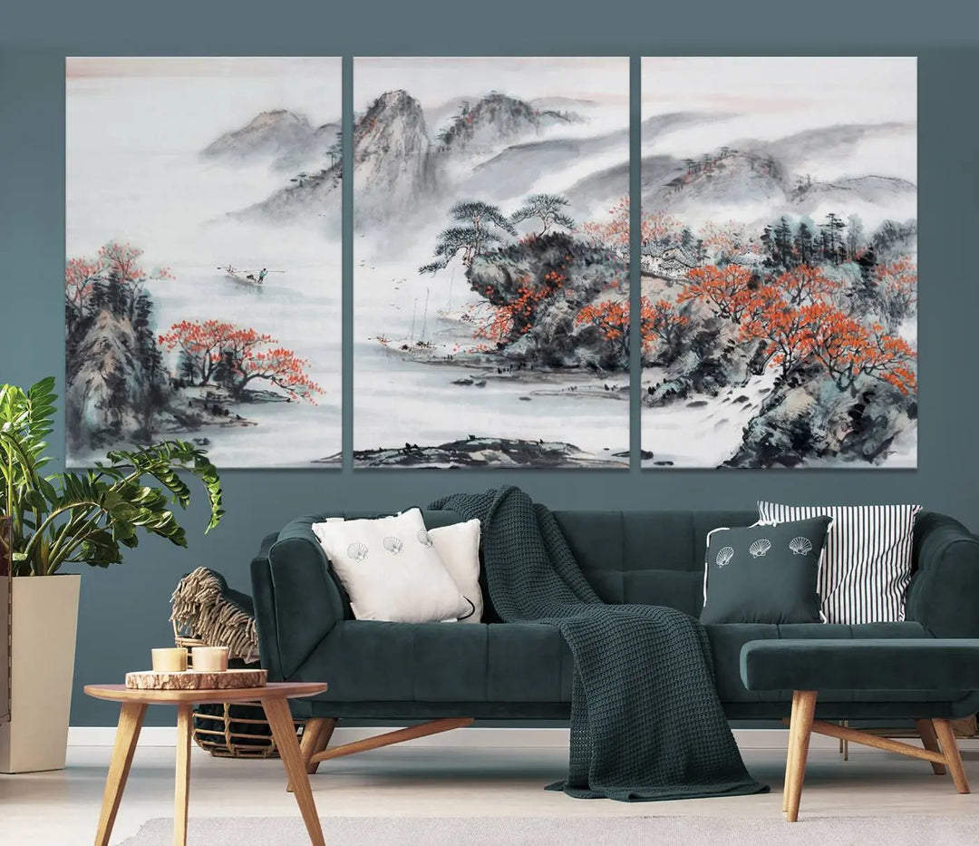 The "Chinese Mountains Trees Canvas Wall Art Print" adds a graceful touch to the space. Crafted on museum-quality canvas and gallery wrapped, it exudes timeless allure while offering lasting beauty with its UV-protective coating.