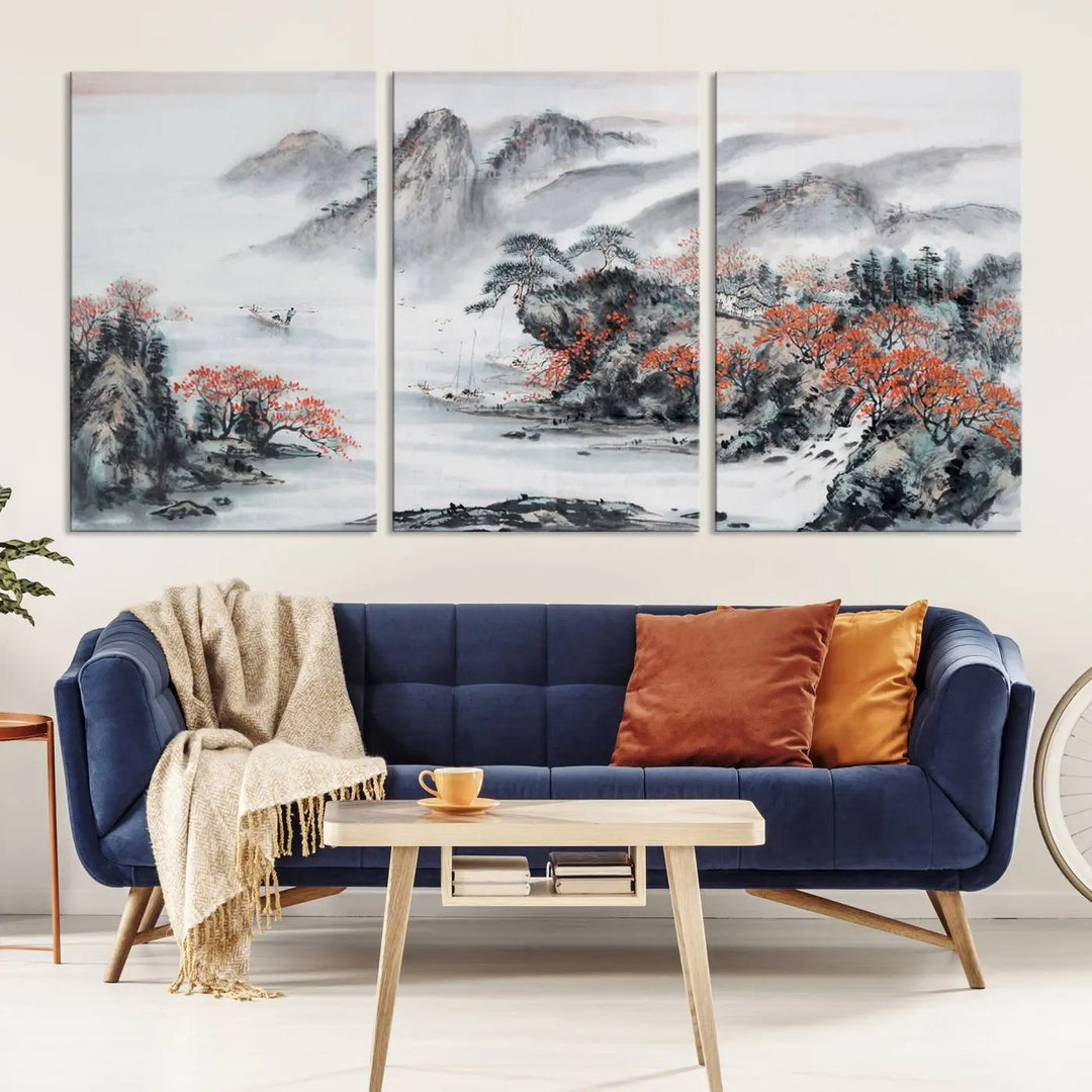 The "Chinese Mountains Trees Canvas Wall Art Print" adds a graceful touch to the space. Crafted on museum-quality canvas and gallery wrapped, it exudes timeless allure while offering lasting beauty with its UV-protective coating.