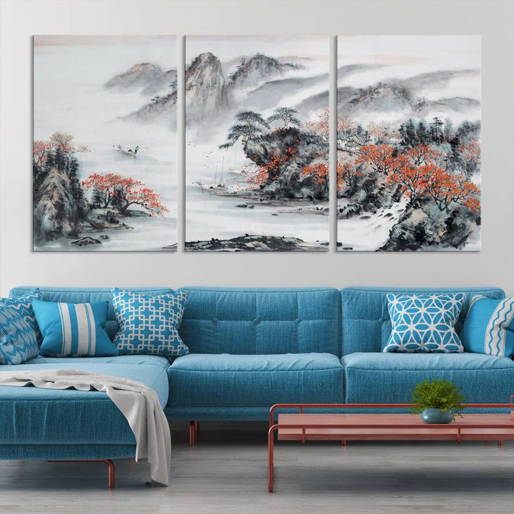 The "Chinese Mountains Trees Canvas Wall Art Print" adds a graceful touch to the space. Crafted on museum-quality canvas and gallery wrapped, it exudes timeless allure while offering lasting beauty with its UV-protective coating.