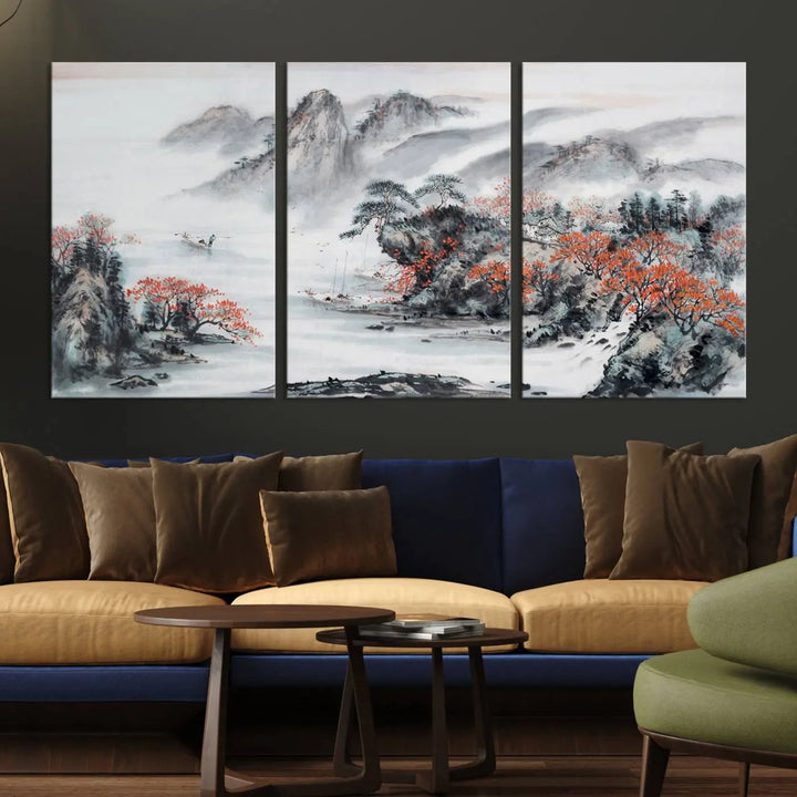 The "Chinese Mountains Trees Canvas Wall Art Print" adds a graceful touch to the space. Crafted on museum-quality canvas and gallery wrapped, it exudes timeless allure while offering lasting beauty with its UV-protective coating.