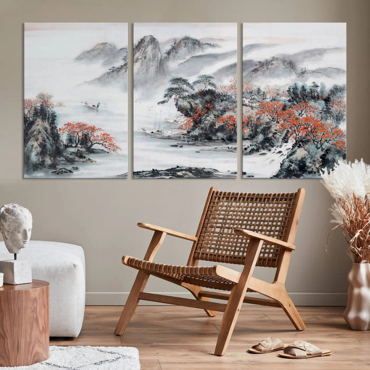 The "Chinese Mountains Trees Canvas Wall Art Print" adds a graceful touch to the space. Crafted on museum-quality canvas and gallery wrapped, it exudes timeless allure while offering lasting beauty with its UV-protective coating.