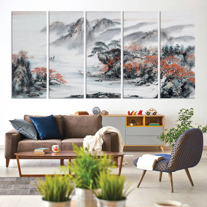 The "Chinese Mountains Trees Canvas Wall Art Print" adds a graceful touch to the space. Crafted on museum-quality canvas and gallery wrapped, it exudes timeless allure while offering lasting beauty with its UV-protective coating.