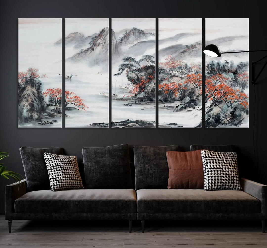 The "Chinese Mountains Trees Canvas Wall Art Print" adds a graceful touch to the space. Crafted on museum-quality canvas and gallery wrapped, it exudes timeless allure while offering lasting beauty with its UV-protective coating.