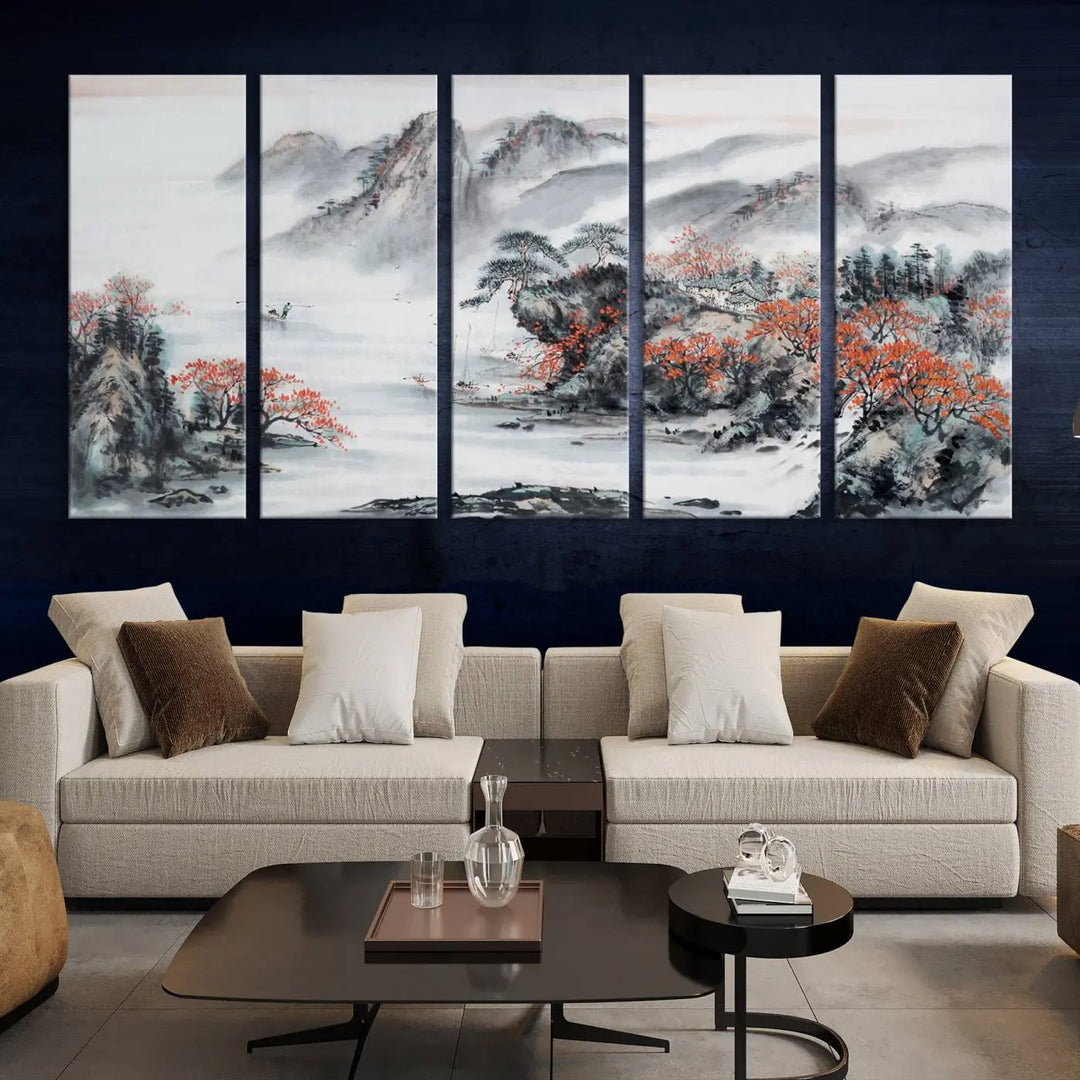 The "Chinese Mountains Trees Canvas Wall Art Print" adds a graceful touch to the space. Crafted on museum-quality canvas and gallery wrapped, it exudes timeless allure while offering lasting beauty with its UV-protective coating.