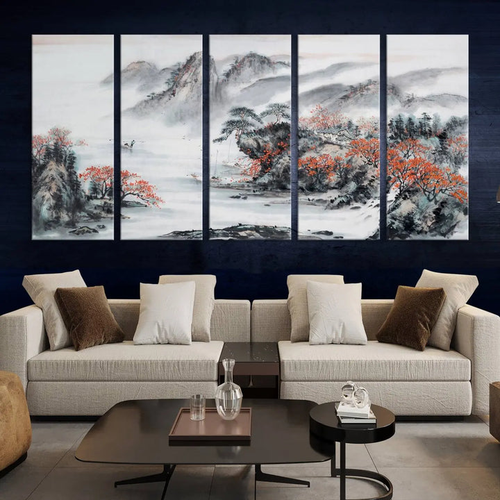 The "Chinese Mountains Trees Canvas Wall Art Print" adds a graceful touch to the space. Crafted on museum-quality canvas and gallery wrapped, it exudes timeless allure while offering lasting beauty with its UV-protective coating.