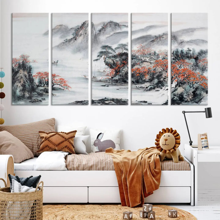 The "Chinese Mountains Trees Canvas Wall Art Print" adds a graceful touch to the space. Crafted on museum-quality canvas and gallery wrapped, it exudes timeless allure while offering lasting beauty with its UV-protective coating.