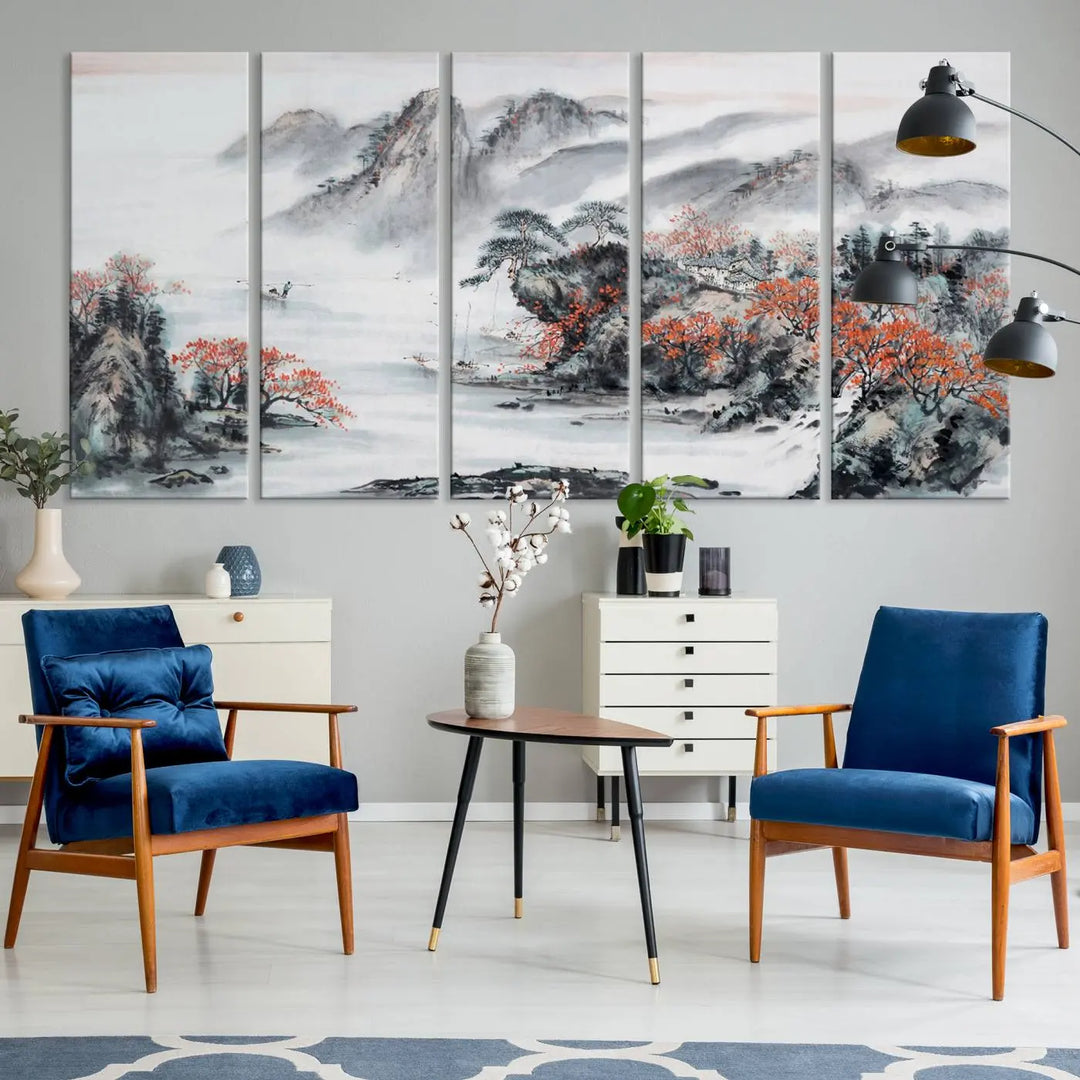 The "Chinese Mountains Trees Canvas Wall Art Print" adds a graceful touch to the space. Crafted on museum-quality canvas and gallery wrapped, it exudes timeless allure while offering lasting beauty with its UV-protective coating.