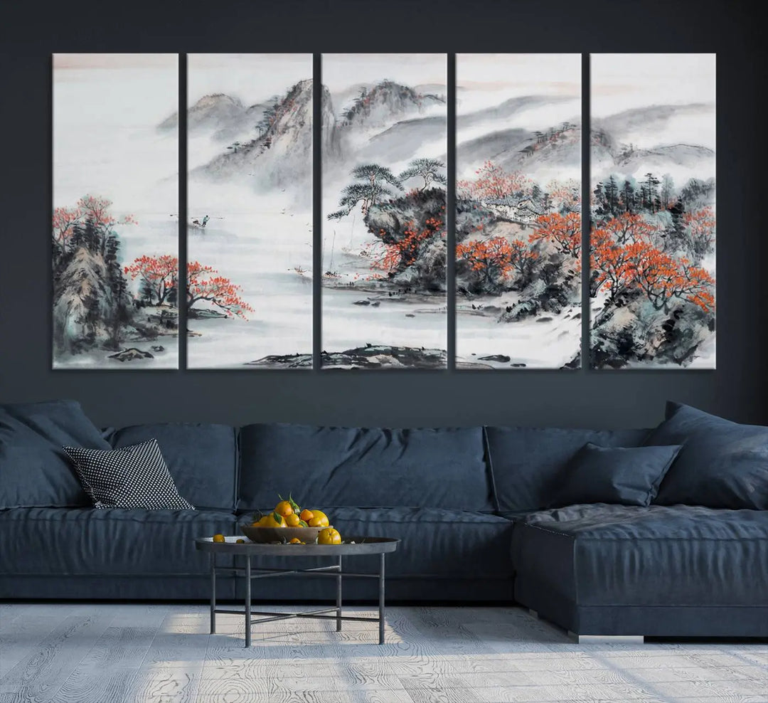 The "Chinese Mountains Trees Canvas Wall Art Print" adds a graceful touch to the space. Crafted on museum-quality canvas and gallery wrapped, it exudes timeless allure while offering lasting beauty with its UV-protective coating.