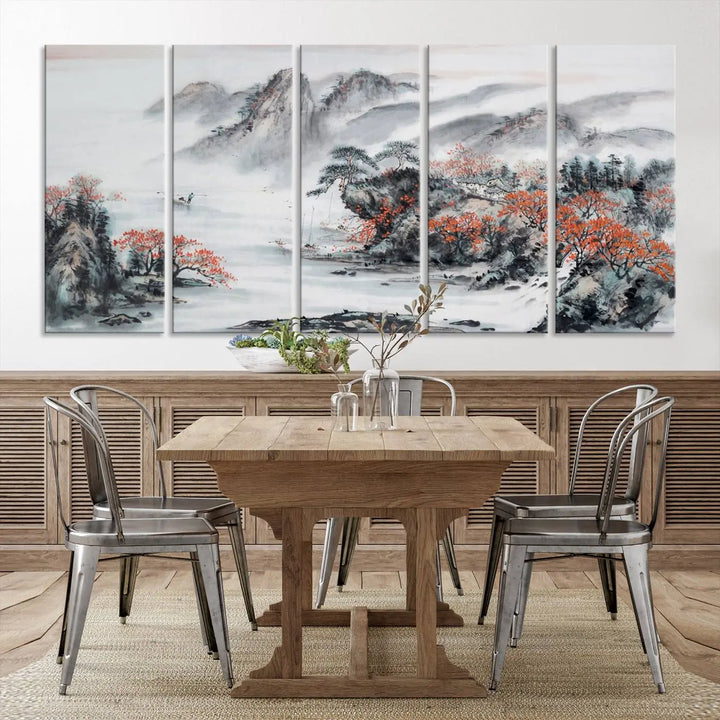 The "Chinese Mountains Trees Canvas Wall Art Print" adds a graceful touch to the space. Crafted on museum-quality canvas and gallery wrapped, it exudes timeless allure while offering lasting beauty with its UV-protective coating.