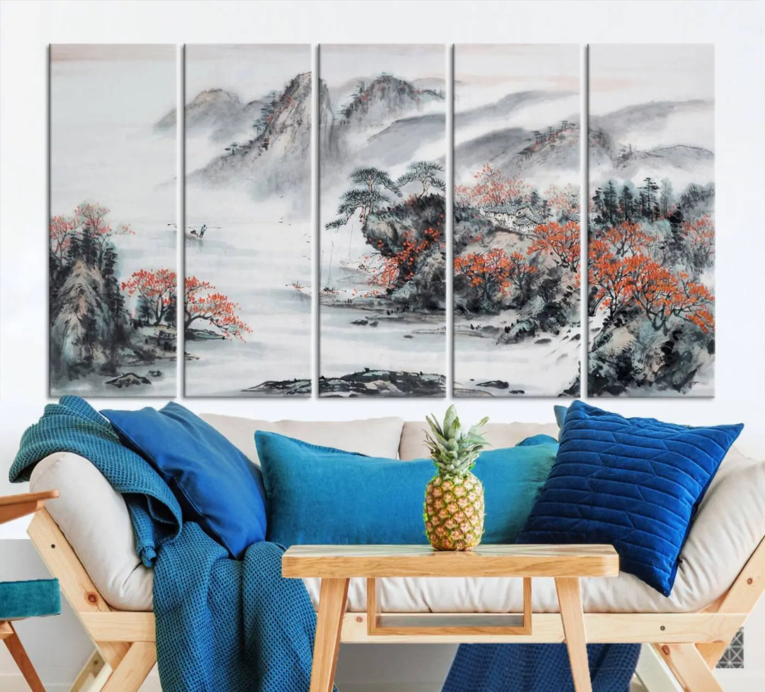 The "Chinese Mountains Trees Canvas Wall Art Print" adds a graceful touch to the space. Crafted on museum-quality canvas and gallery wrapped, it exudes timeless allure while offering lasting beauty with its UV-protective coating.