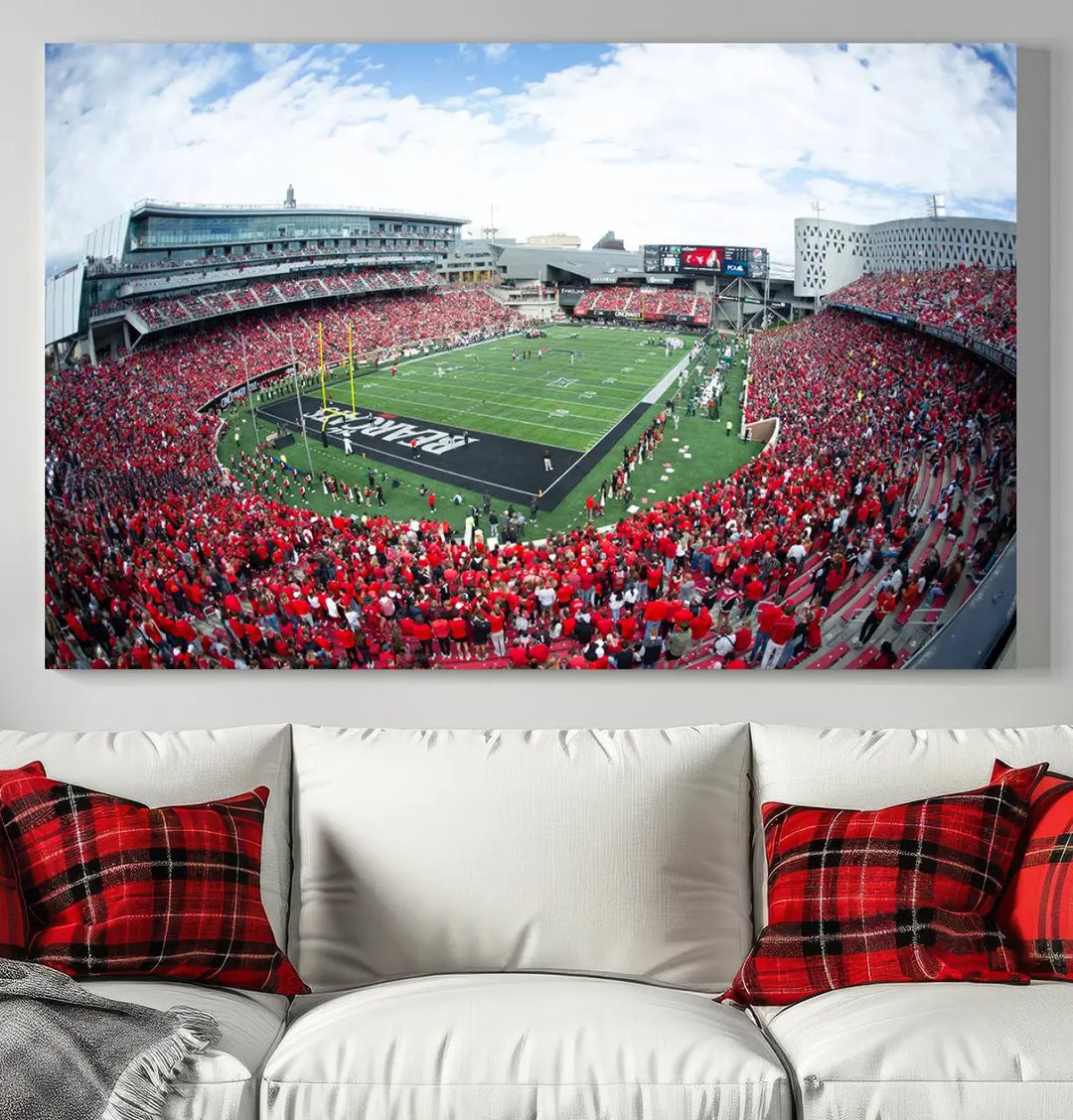 The Cincinnati Bearcats Football Team Print - Nippert Stadium Wall Art Canvas Print showcases a panoramic photo of a packed football stadium with a green field. This high-resolution canvas print provides museum-quality detail, capturing the vibrant energy and atmosphere for everyone to admire.