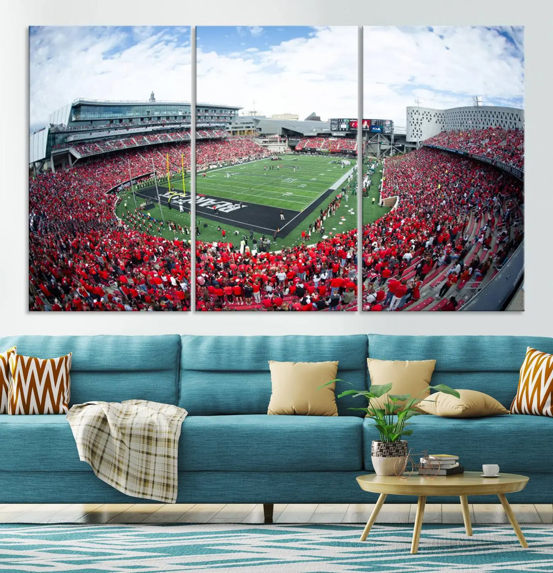 The Cincinnati Bearcats Football Team Print - Nippert Stadium Wall Art Canvas Print showcases a panoramic photo of a packed football stadium with a green field. This high-resolution canvas print provides museum-quality detail, capturing the vibrant energy and atmosphere for everyone to admire.