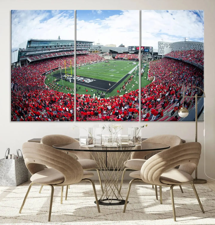 The Cincinnati Bearcats Football Team Print - Nippert Stadium Wall Art Canvas Print showcases a panoramic photo of a packed football stadium with a green field. This high-resolution canvas print provides museum-quality detail, capturing the vibrant energy and atmosphere for everyone to admire.