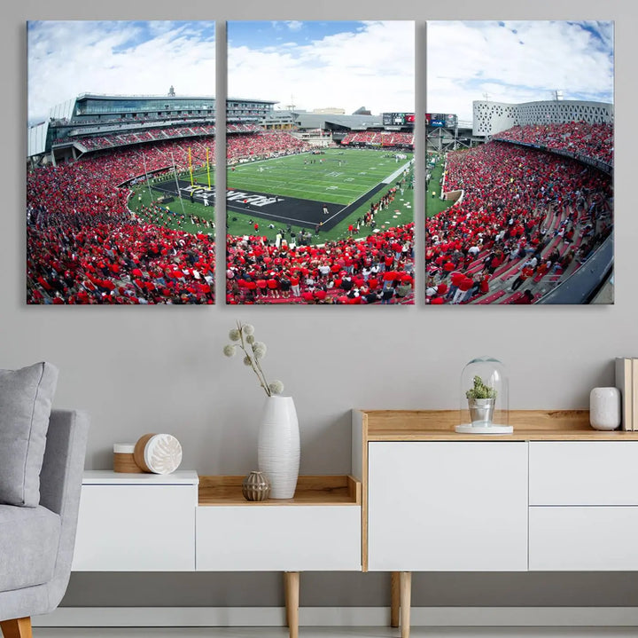 The Cincinnati Bearcats Football Team Print - Nippert Stadium Wall Art Canvas Print showcases a panoramic photo of a packed football stadium with a green field. This high-resolution canvas print provides museum-quality detail, capturing the vibrant energy and atmosphere for everyone to admire.