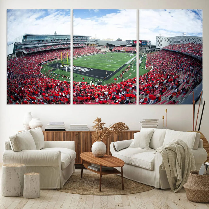 The Cincinnati Bearcats Football Team Print - Nippert Stadium Wall Art Canvas Print showcases a panoramic photo of a packed football stadium with a green field. This high-resolution canvas print provides museum-quality detail, capturing the vibrant energy and atmosphere for everyone to admire.