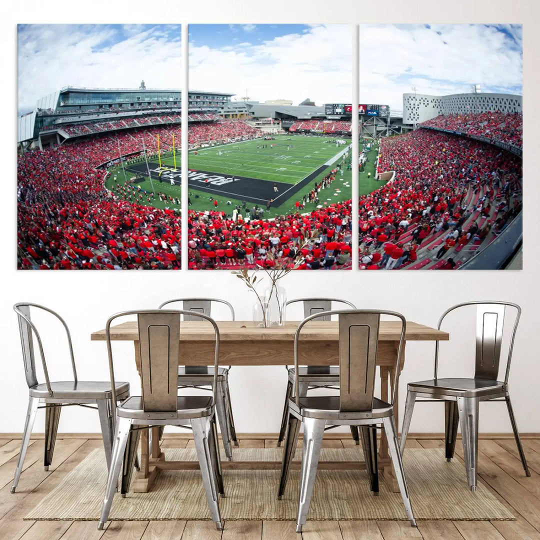 The Cincinnati Bearcats Football Team Print - Nippert Stadium Wall Art Canvas Print showcases a panoramic photo of a packed football stadium with a green field. This high-resolution canvas print provides museum-quality detail, capturing the vibrant energy and atmosphere for everyone to admire.