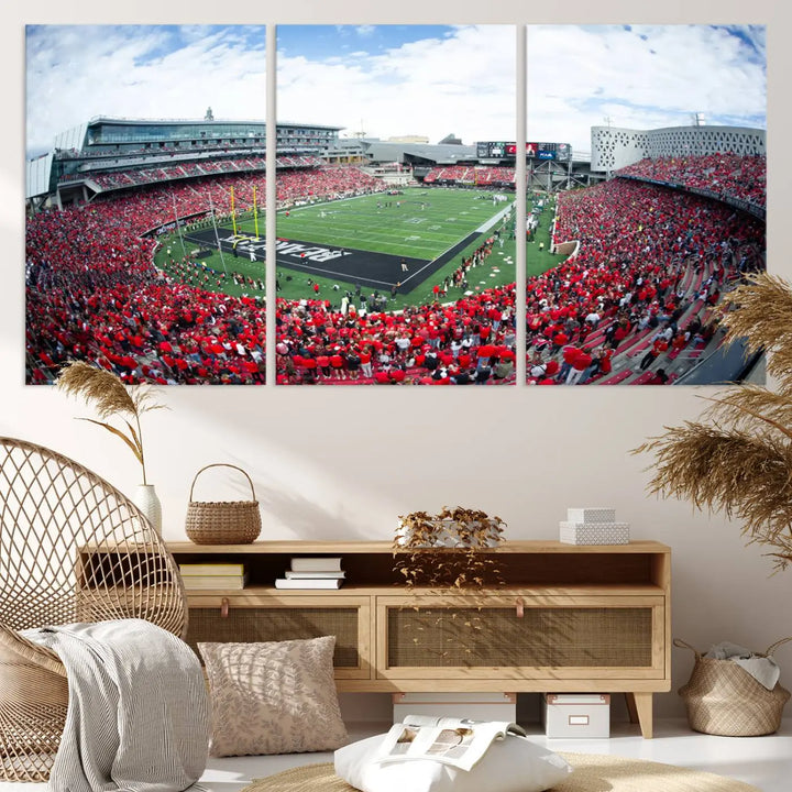 The Cincinnati Bearcats Football Team Print - Nippert Stadium Wall Art Canvas Print showcases a panoramic photo of a packed football stadium with a green field. This high-resolution canvas print provides museum-quality detail, capturing the vibrant energy and atmosphere for everyone to admire.