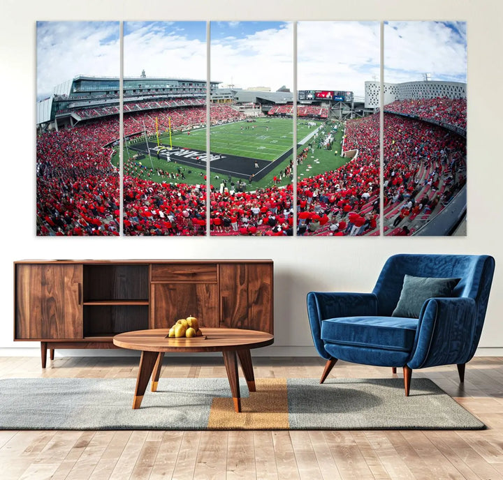 The Cincinnati Bearcats Football Team Print - Nippert Stadium Wall Art Canvas Print showcases a panoramic photo of a packed football stadium with a green field. This high-resolution canvas print provides museum-quality detail, capturing the vibrant energy and atmosphere for everyone to admire.