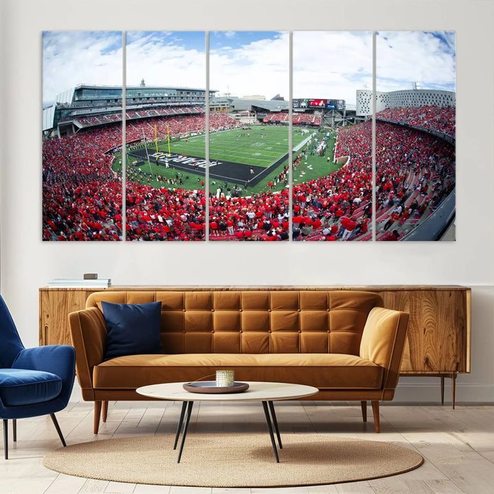 The Cincinnati Bearcats Football Team Print - Nippert Stadium Wall Art Canvas Print showcases a panoramic photo of a packed football stadium with a green field. This high-resolution canvas print provides museum-quality detail, capturing the vibrant energy and atmosphere for everyone to admire.