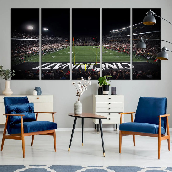 The Cincinnati Bearcats Football Team Print - Nippert Stadium Wall Art Canvas captures a panoramic view of the football stadium at night, offering museum-quality presentation. The vibrant colors and high-resolution printing bring every detail to life.