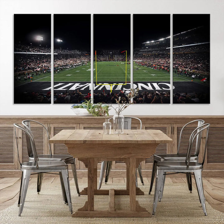 The Cincinnati Bearcats Football Team Print - Nippert Stadium Wall Art Canvas captures a panoramic view of the football stadium at night, offering museum-quality presentation. The vibrant colors and high-resolution printing bring every detail to life.