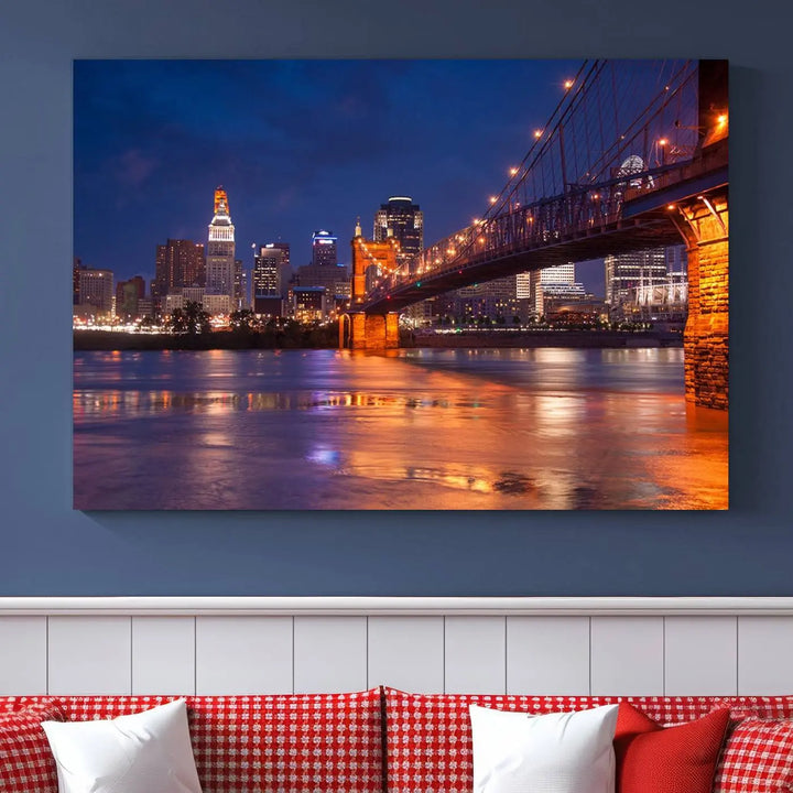 Cincinnati City Bridge Lights Night Skyline Cityscape View Wall Art Canvas Print 