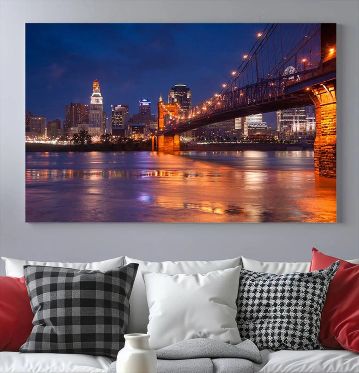 Cincinnati City Bridge Lights Night Skyline Cityscape View Wall Art Canvas Print 