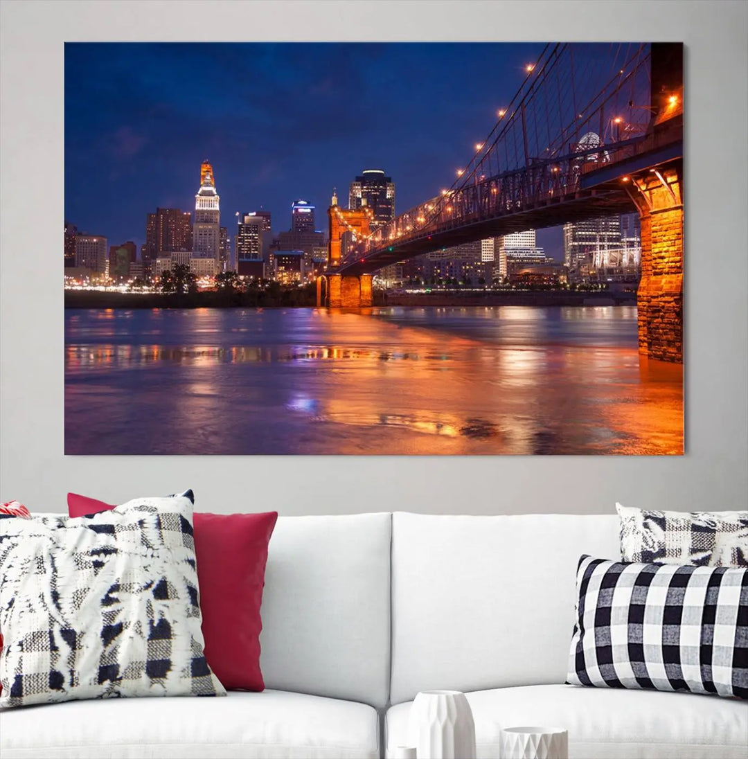 Cincinnati City Bridge Lights Night Skyline Cityscape View Wall Art Canvas Print 