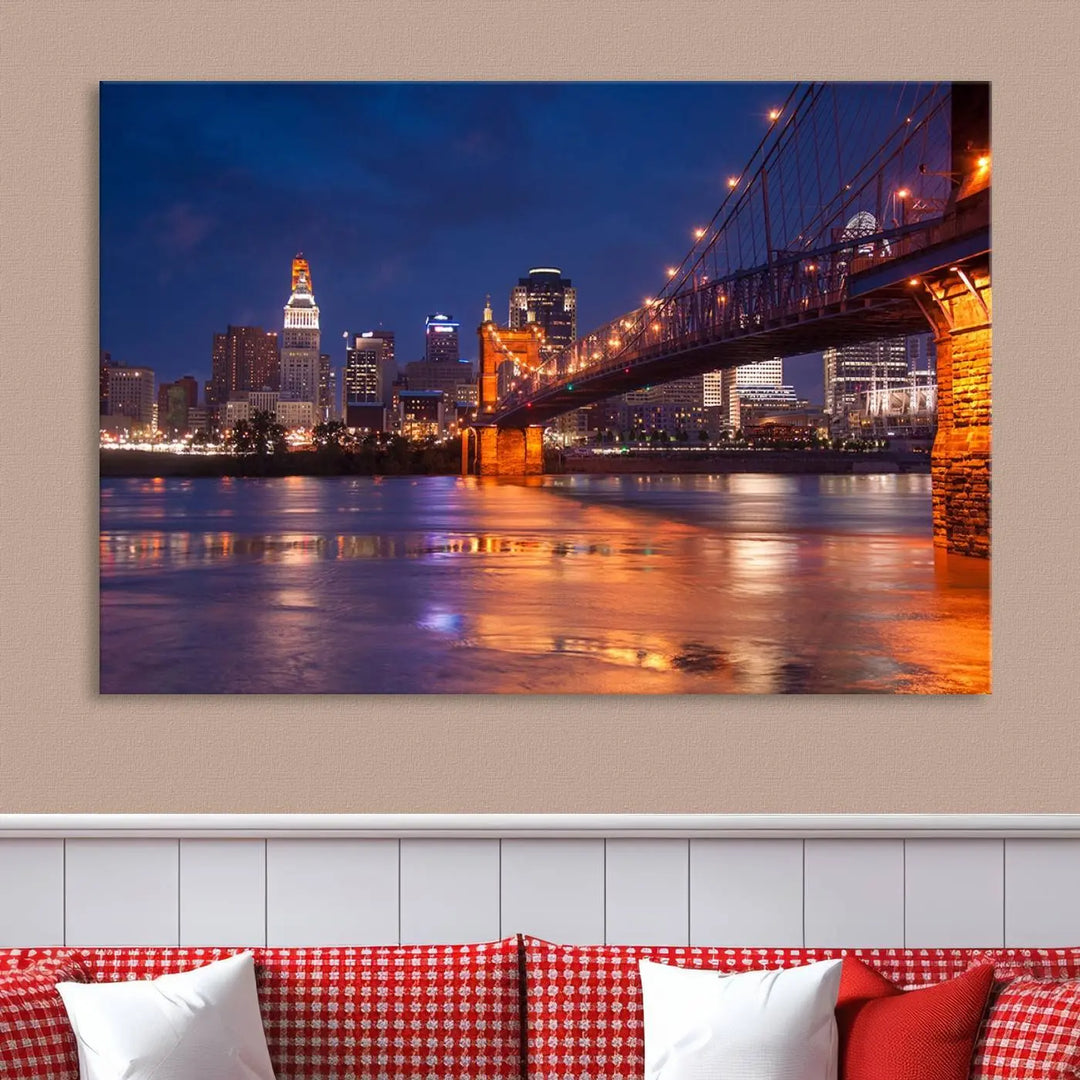 Cincinnati City Bridge Lights Night Skyline Cityscape View Wall Art Canvas Print 