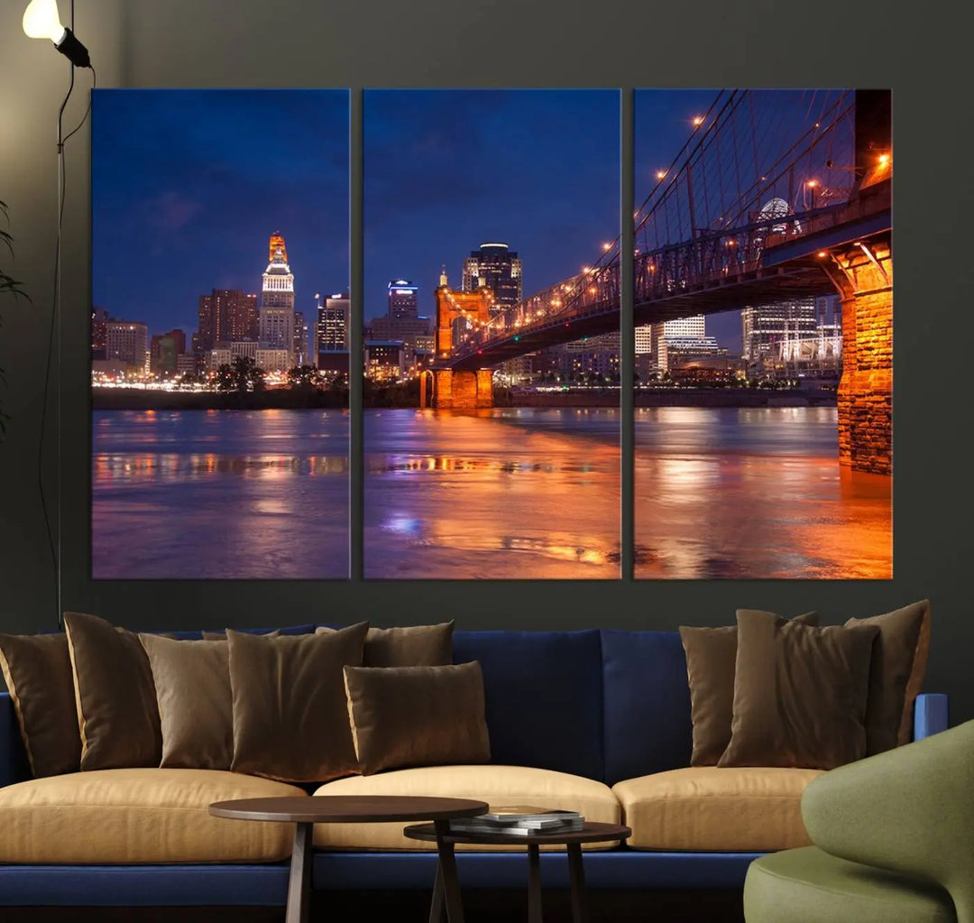 Cincinnati City Bridge Lights Night Skyline Cityscape View Wall Art Canvas Print 