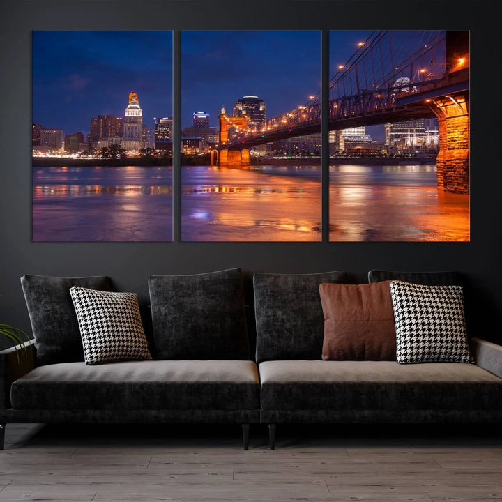 Cincinnati City Bridge Lights Night Skyline Cityscape View Wall Art Canvas Print 