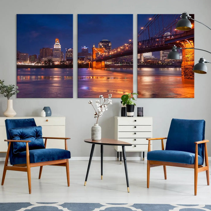 Cincinnati City Bridge Lights Night Skyline Cityscape View Wall Art Canvas Print 