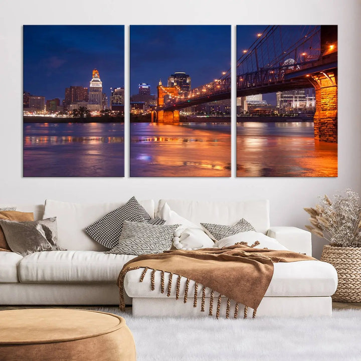 Cincinnati City Bridge Lights Night Skyline Cityscape View Wall Art Canvas Print 