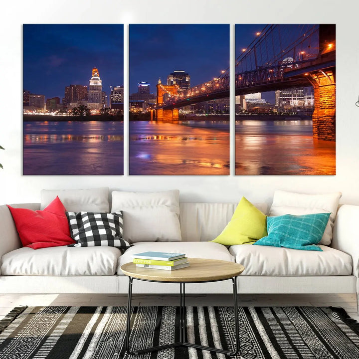 Cincinnati City Bridge Lights Night Skyline Cityscape View Wall Art Canvas Print 