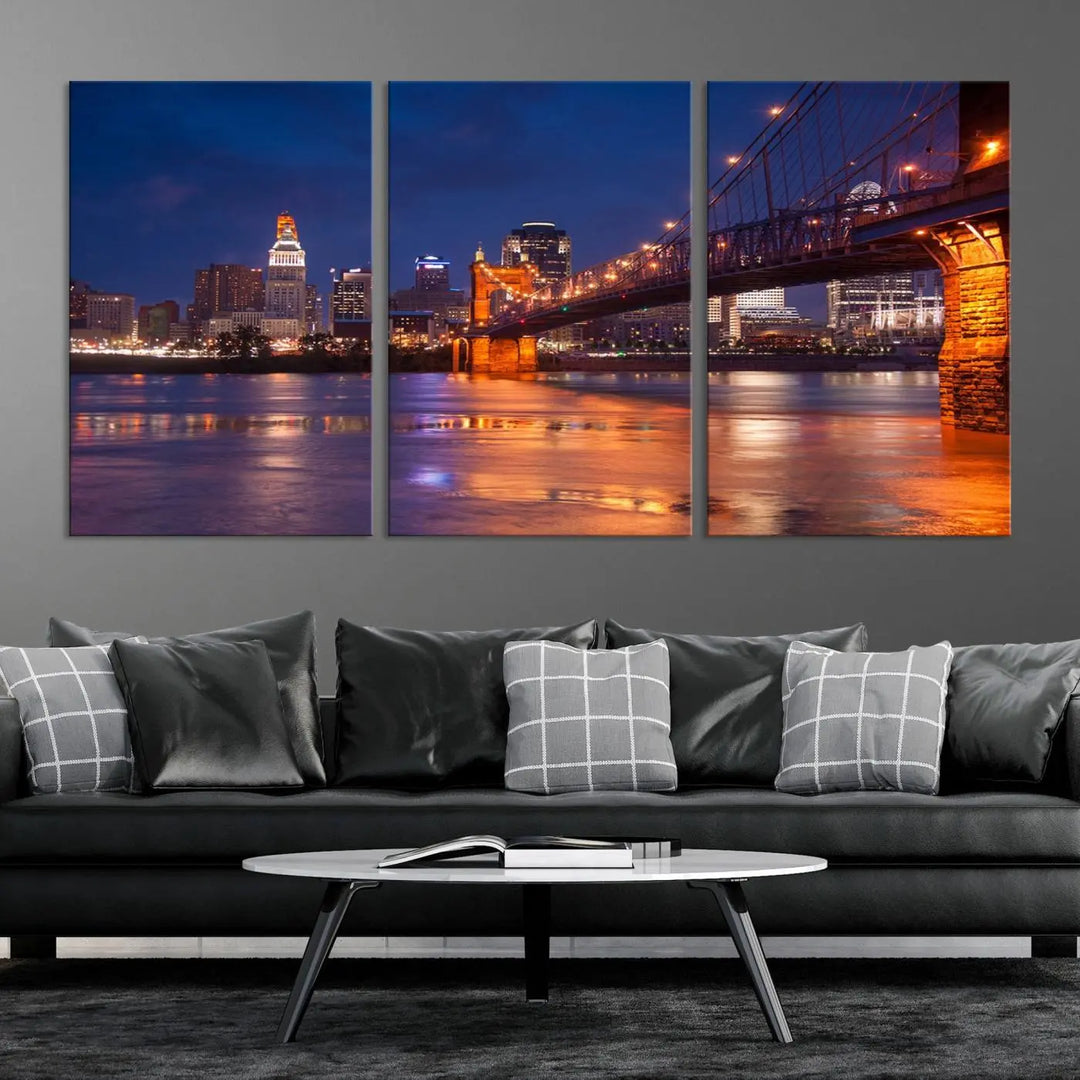 Cincinnati City Bridge Lights Night Skyline Cityscape View Wall Art Canvas Print 