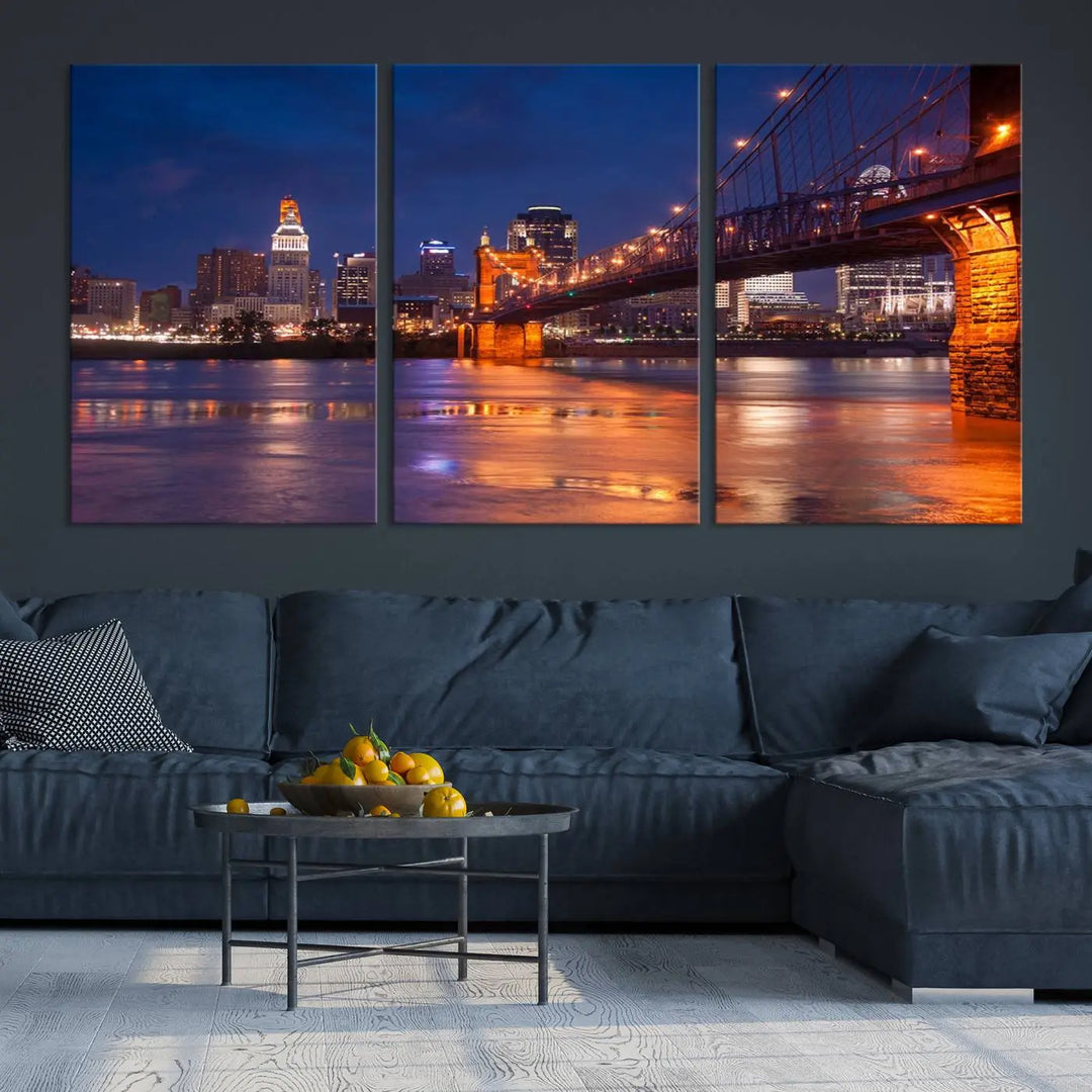 Cincinnati City Bridge Lights Night Skyline Cityscape View Wall Art Canvas Print 