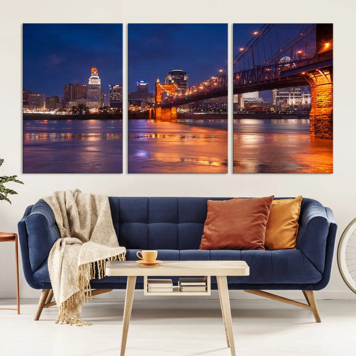 Cincinnati City Bridge Lights Night Skyline Cityscape View Wall Art Canvas Print 