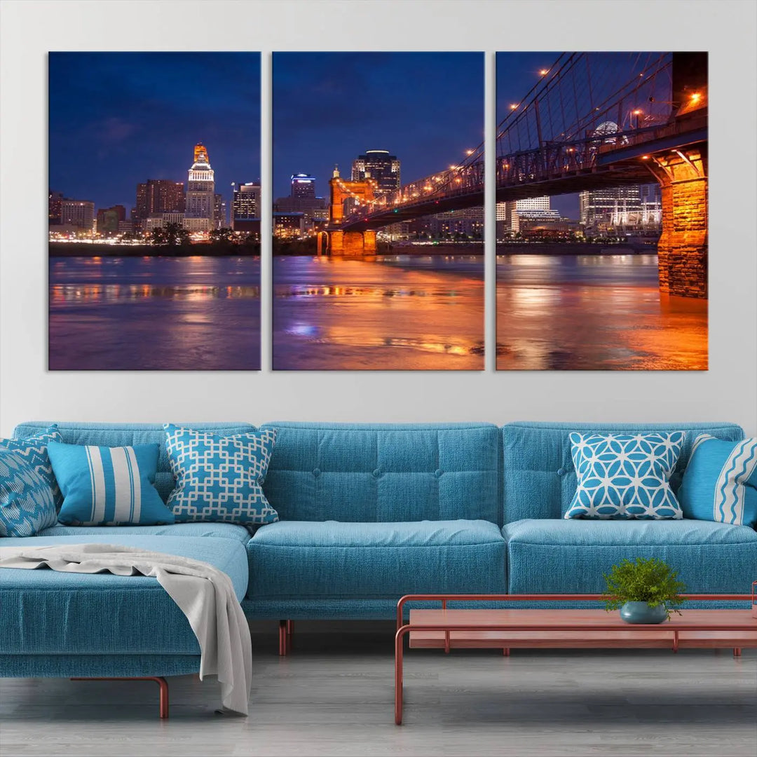 Cincinnati City Bridge Lights Night Skyline Cityscape View Wall Art Canvas Print 