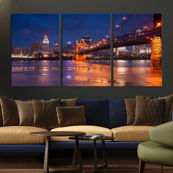 Cincinnati City Bridge Lights Night Skyline Cityscape View Wall Art Canvas Print 