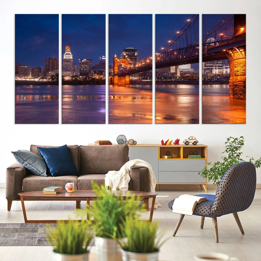 Cincinnati City Bridge Lights Night Skyline Cityscape View Wall Art Canvas Print 