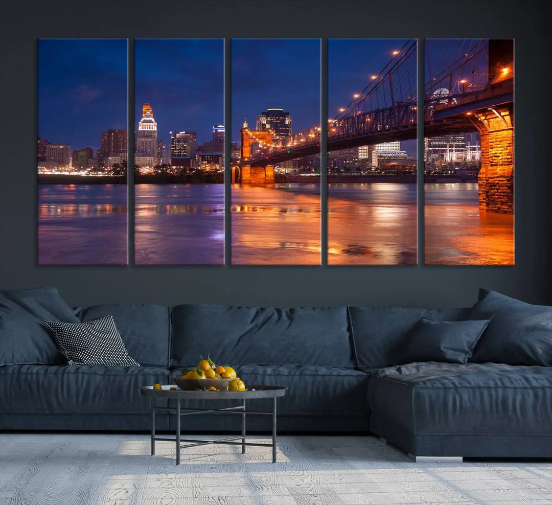 Cincinnati City Bridge Lights Night Skyline Cityscape View Wall Art Canvas Print 