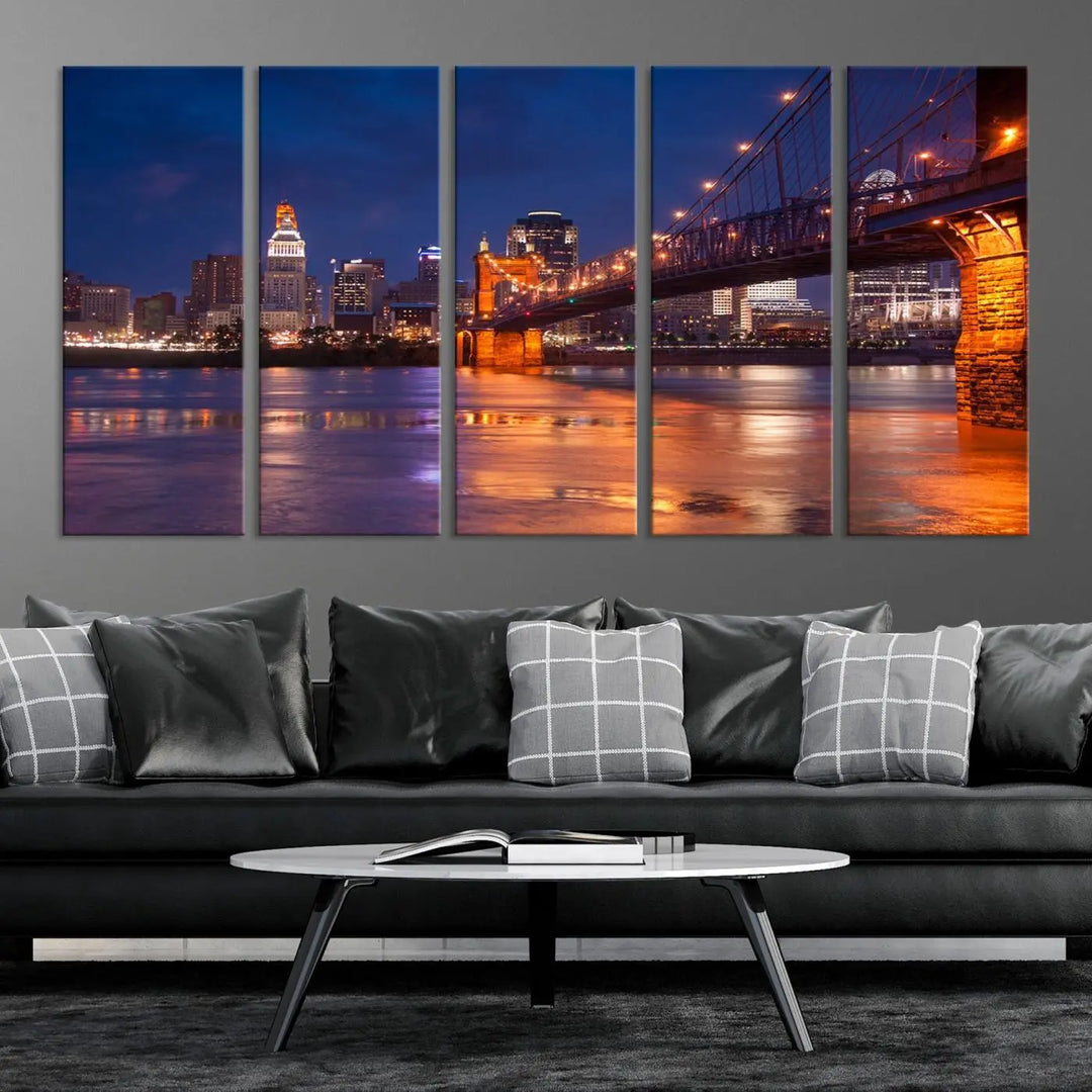 Cincinnati City Bridge Lights Night Skyline Cityscape View Wall Art Canvas Print 