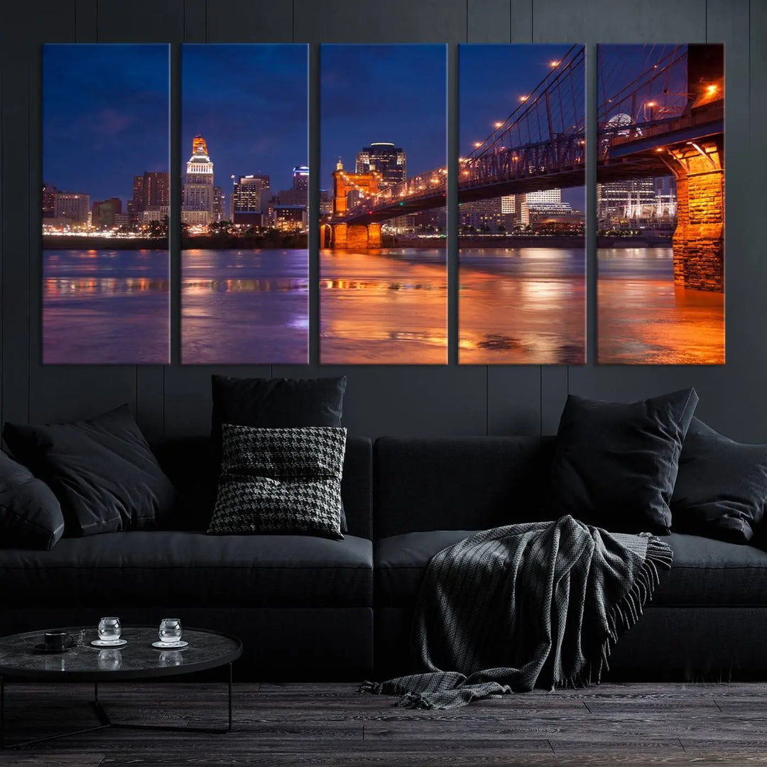 Cincinnati City Bridge Lights Night Skyline Cityscape View Wall Art Canvas Print 