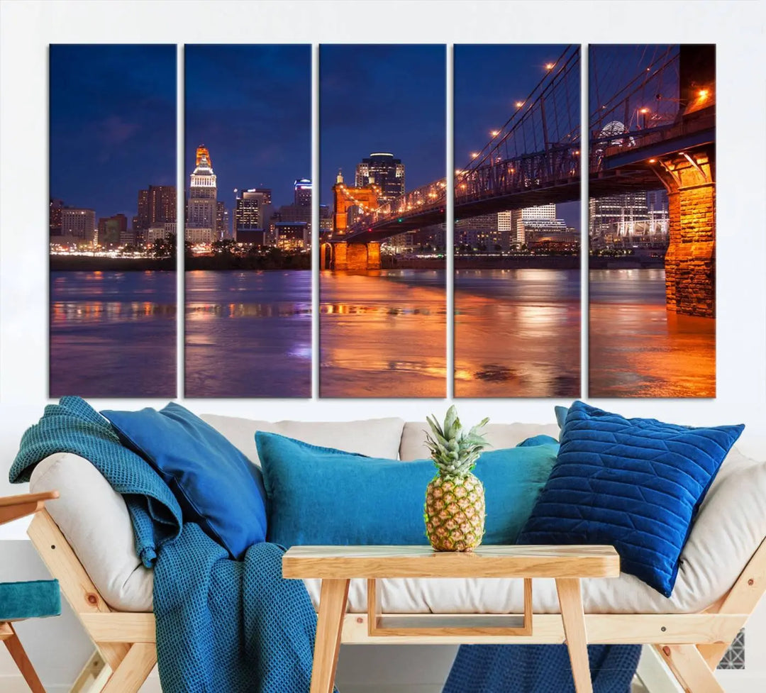 Cincinnati City Bridge Lights Night Skyline Cityscape View Wall Art Canvas Print 