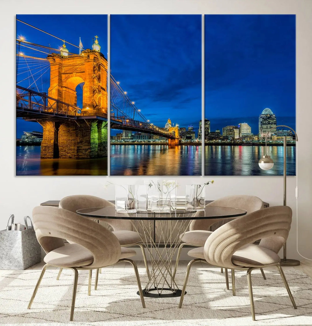 The living room features a museum-quality, multi-panel wall art titled "Cincinnati City Bridge Lights Night Skyline Cityscape View Wall Art Canvas Print," which depicts a lit-up bridge at night. The gallery-wrapped canvas adds a touch of elegance to the space.